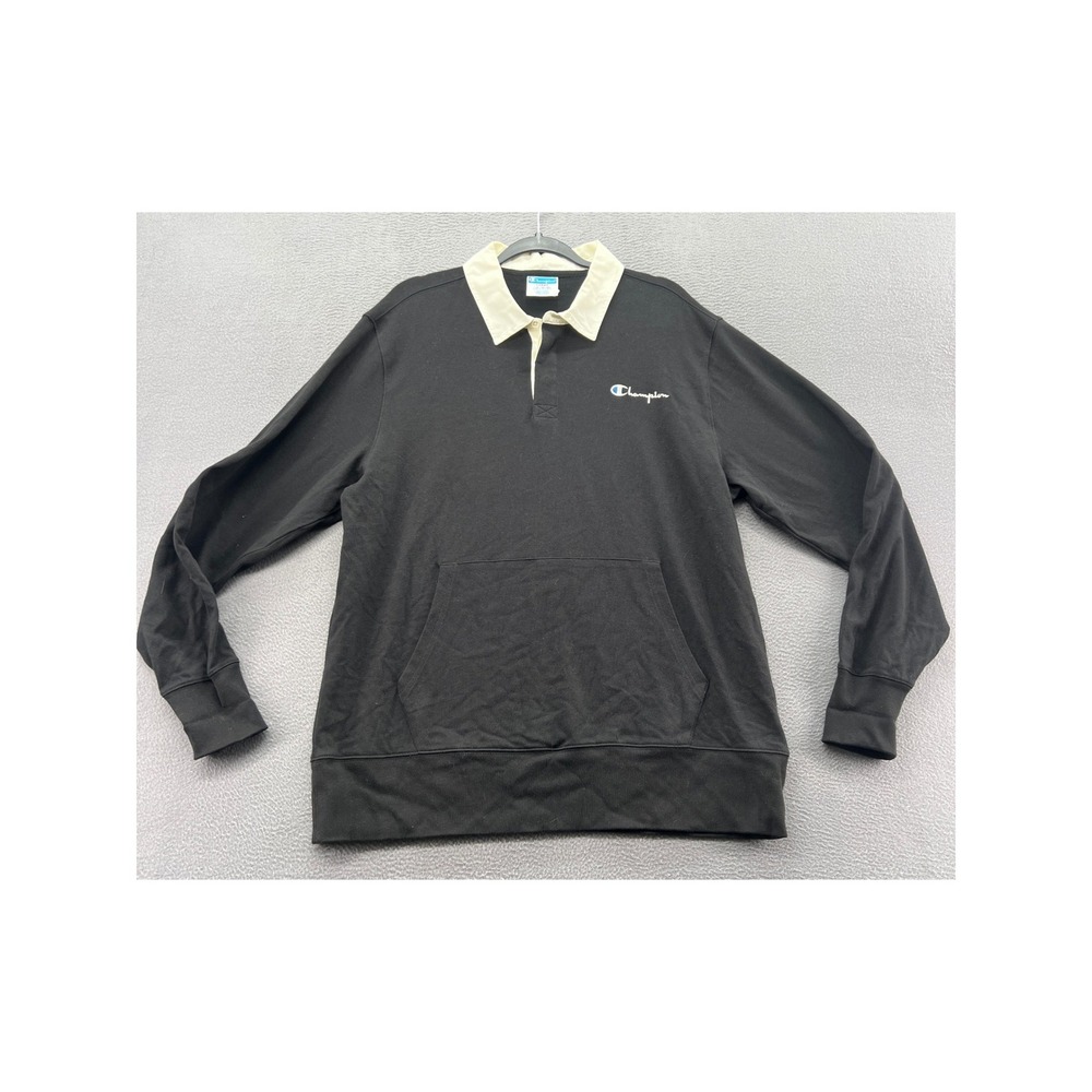 Champion Mens Rugby Shirt Long Sleeve Black White Collar Kangaroo Pocket Large